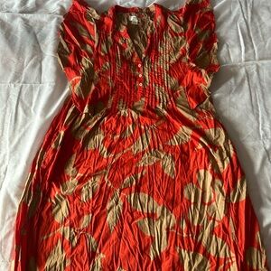 Anthropologie Red and Tan Pleated Sundress with Flutter Sleeves